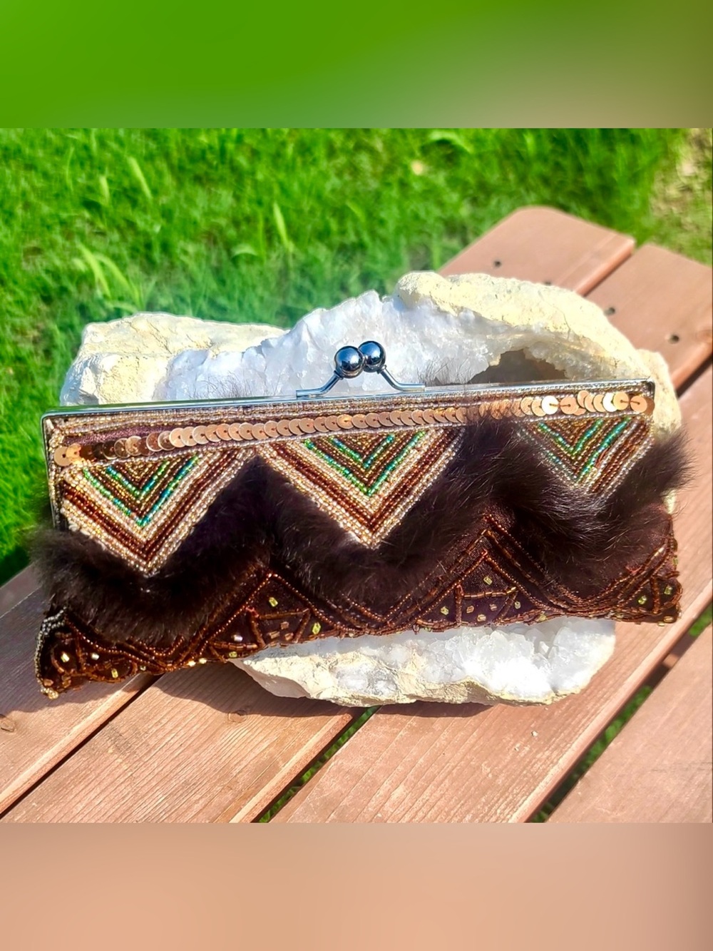 Deco Style Embellished Brown Sequin, Beaded, Fur Trim Clutch with Chain